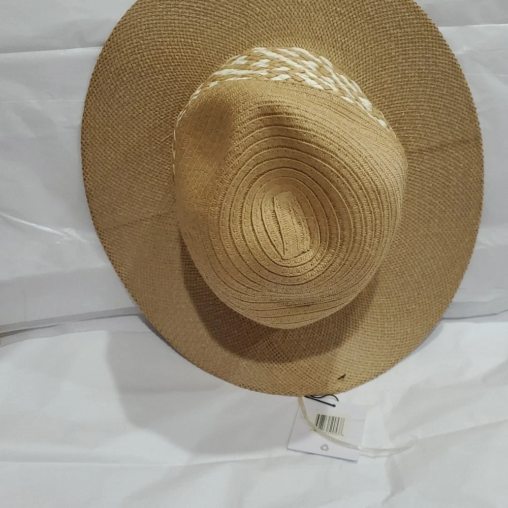 Joe's‎ jean tan cream color block braided detail straw panama style hat new